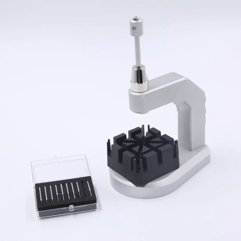 Silver tool steel press strap removal tool with precision blade for watches and electronics