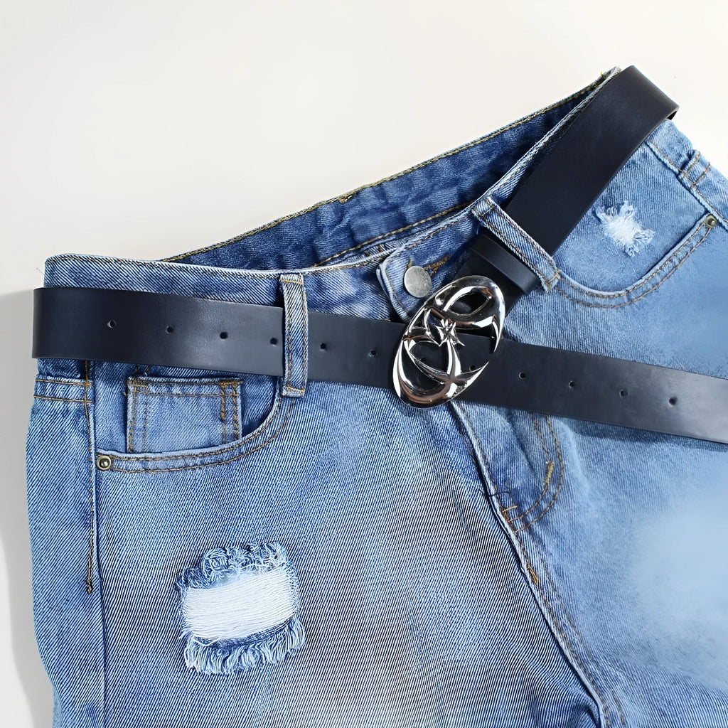 Casual silver buckle belt with PU leather strap in 105cm length and 3.3cm width