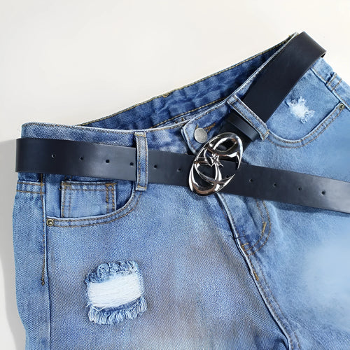 Casual silver buckle belt with PU leather strap in 105cm length and 3.3cm width