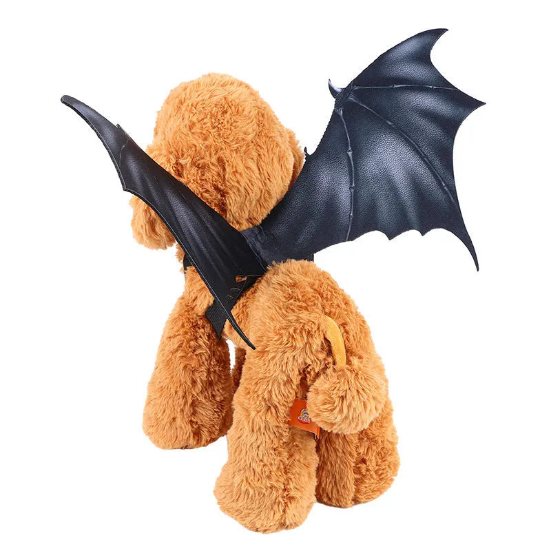 Black cloth bat wings Halloween costume accessory for pets in three sizes: 40cm, 55cm, and 64cm wing spans