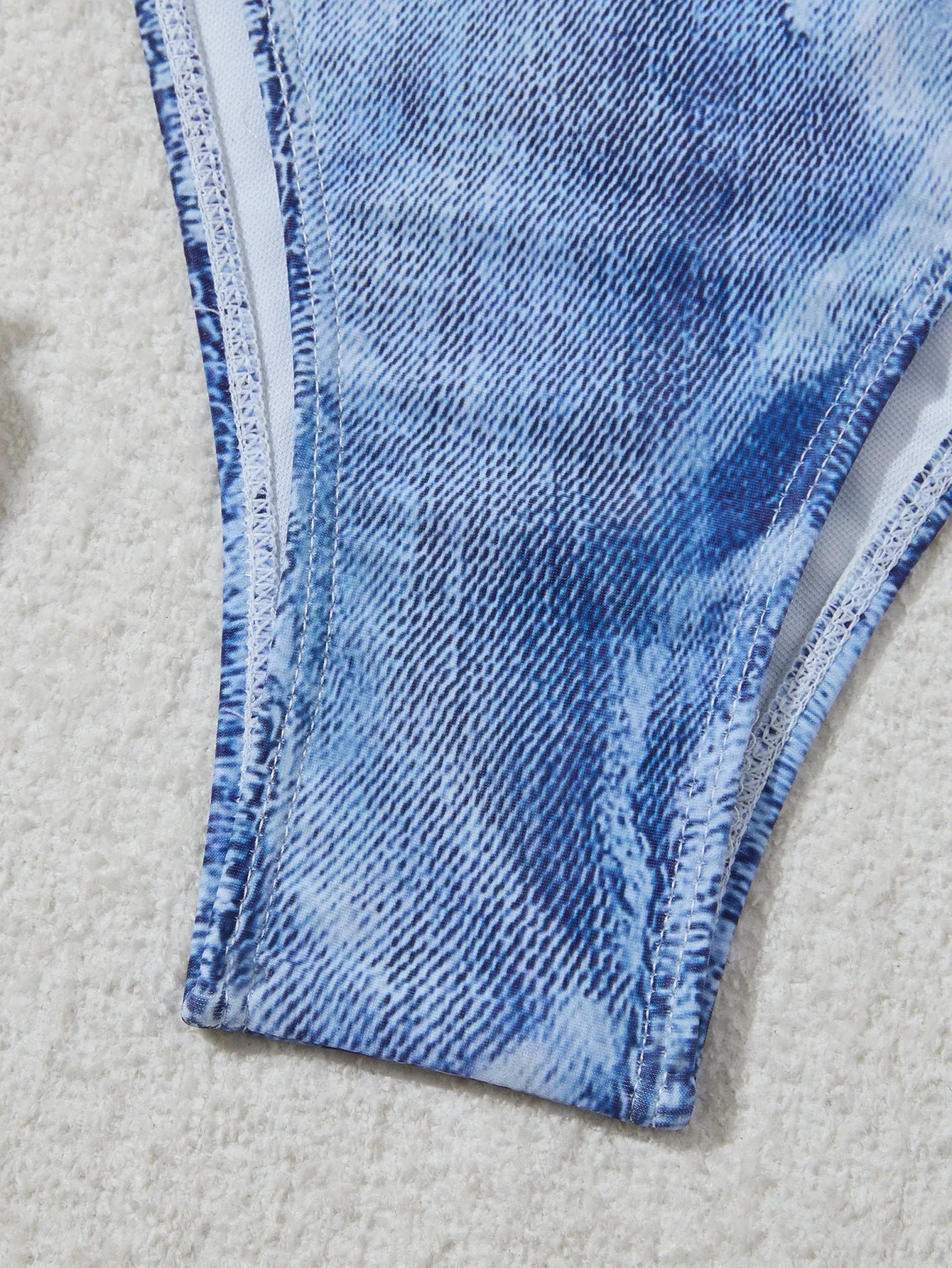 Women's denim blue printed bikini set with adjustable straps