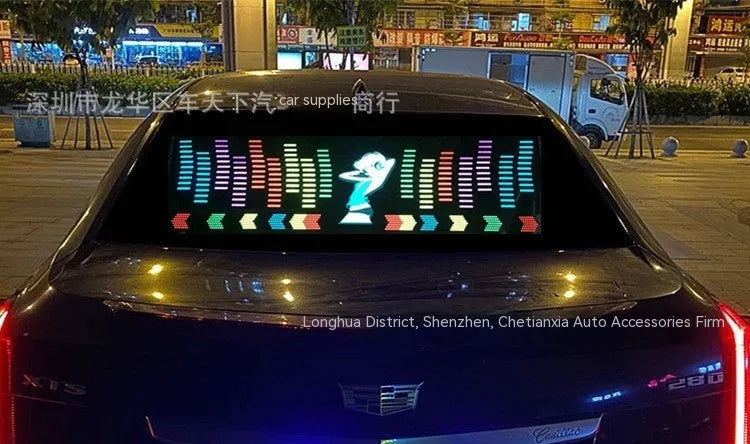 Car interior voice-controlled rhythm light displaying one of its 16 electroluminescent patterns on a 90 by 25 cm panel.