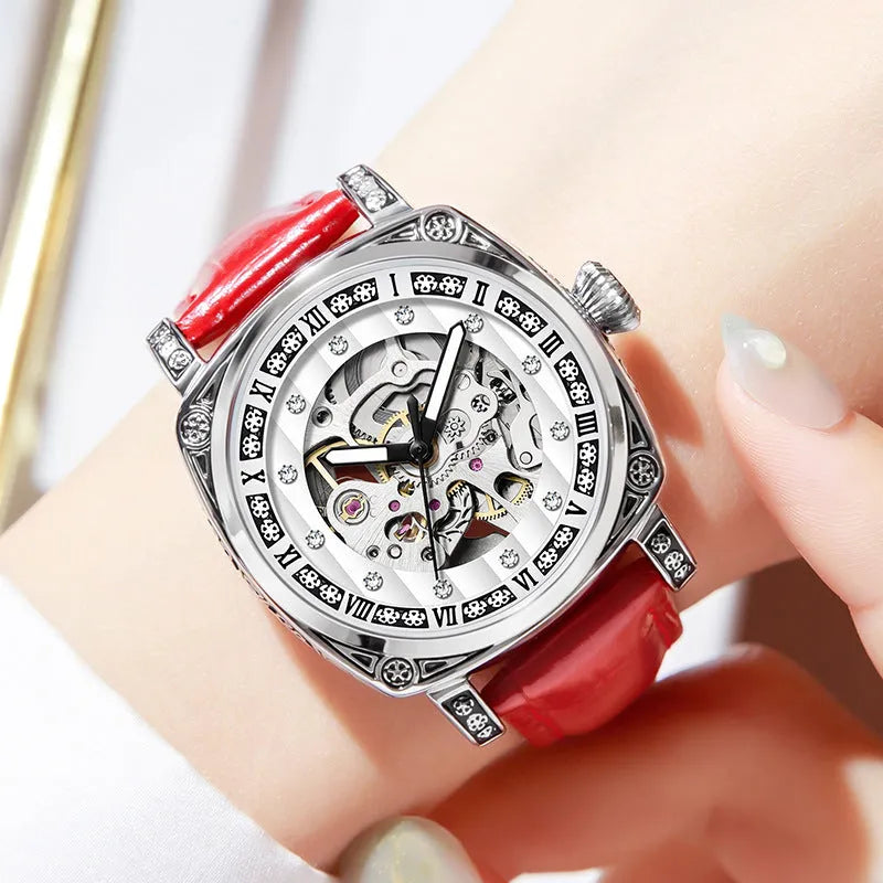 Mechanical watch with luminous hands on leather belt showing 10m waterproof rating and available colour options