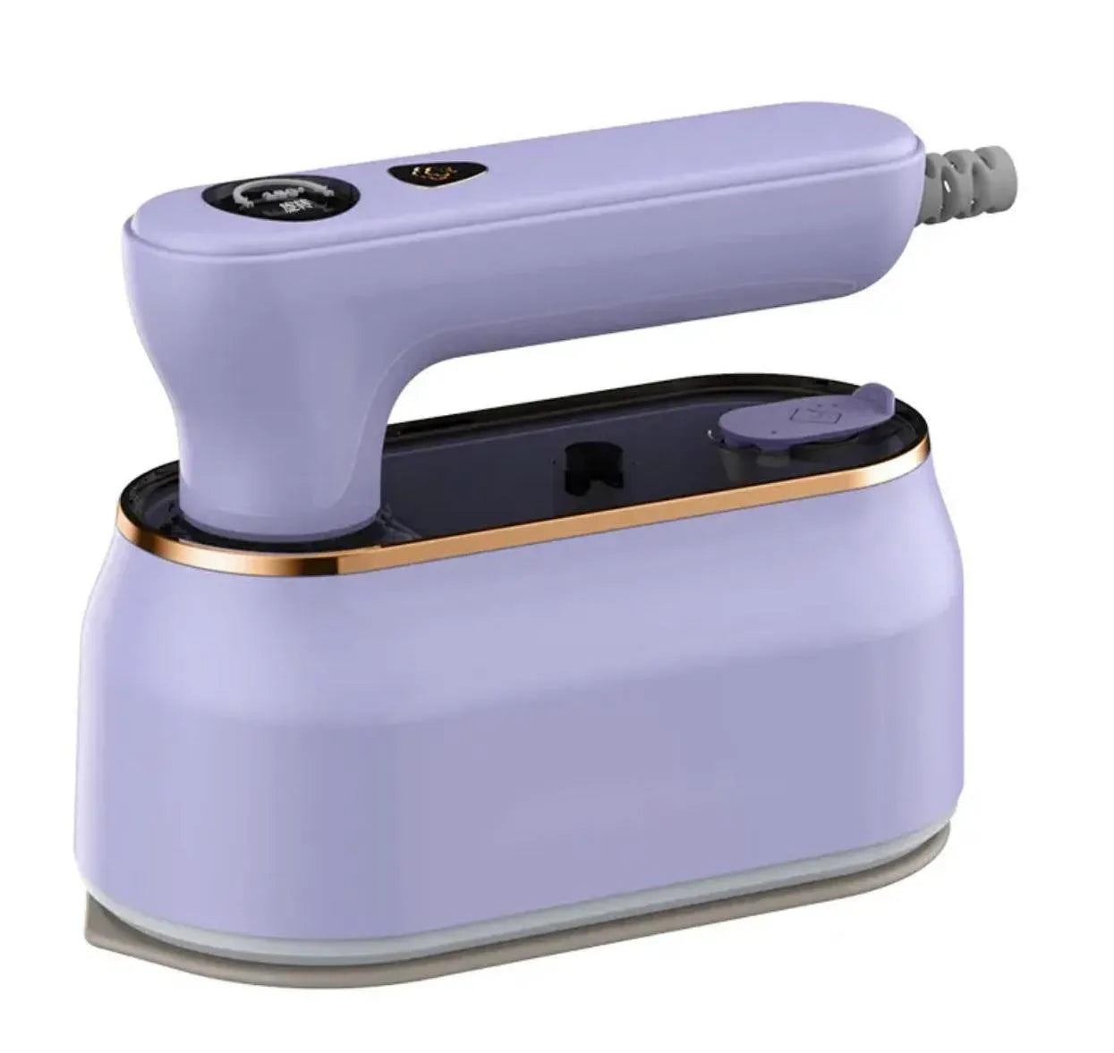 Portable travel iron with foldable handle in light purple colour showing ceramic soleplate