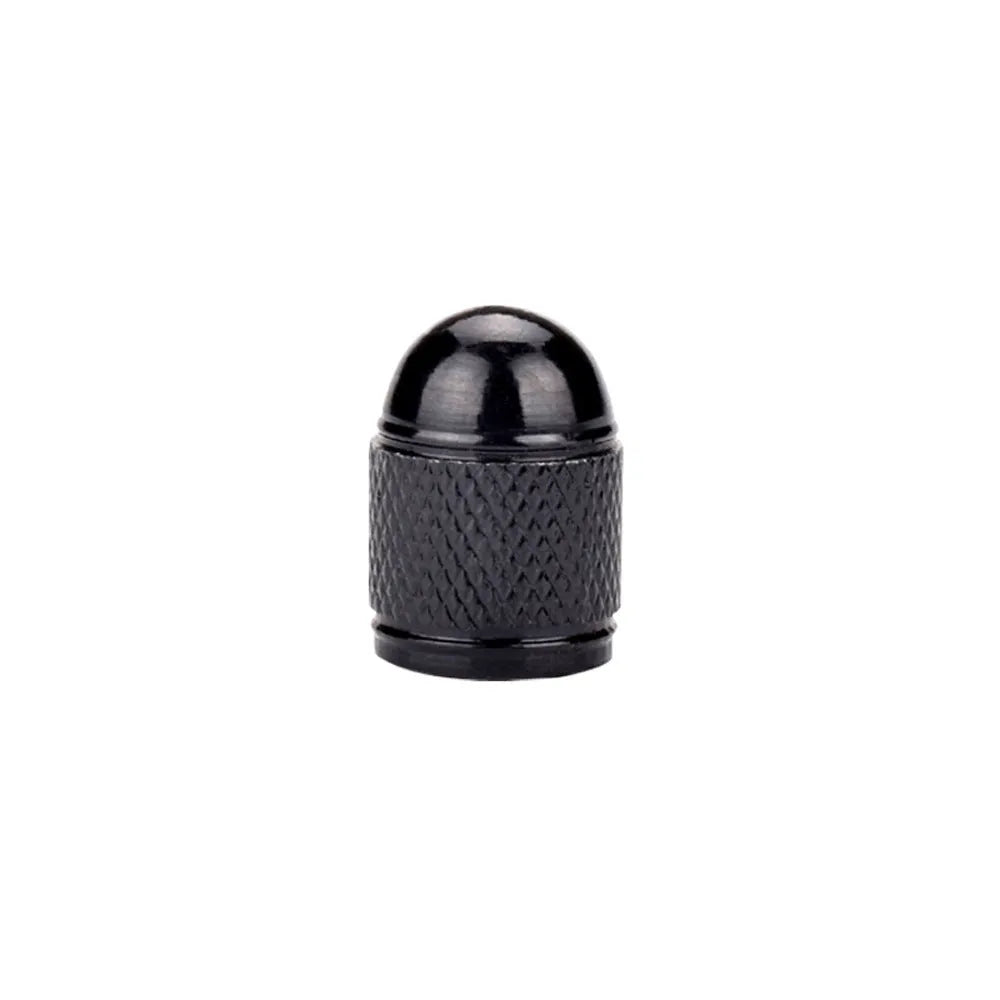 Aluminium alloy mountain bike tyre valve cap shown in five colour options: black, blue, gold, silver, and red