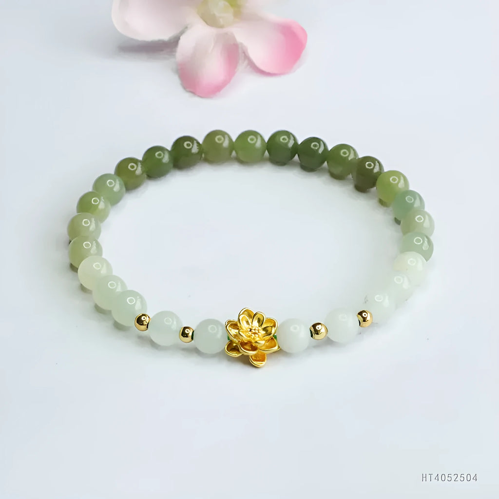 Hand-woven Hetian jade gradient bracelet with lotus beads, 17cm length