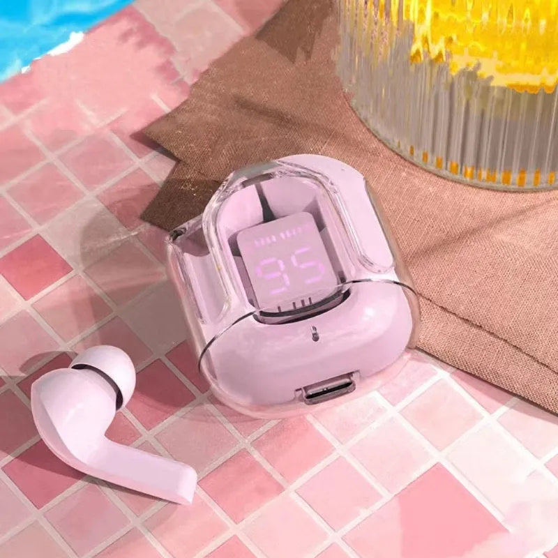 Transparent space capsule case true wireless Bluetooth earphones with digital display screen in multiple colours