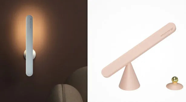 Geometric desk lamp with magnetic base shown attached to metal surface as wall light