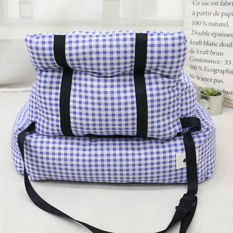 Grey and blue plaid cloth dog travel nest for car use, shown in two sizes.