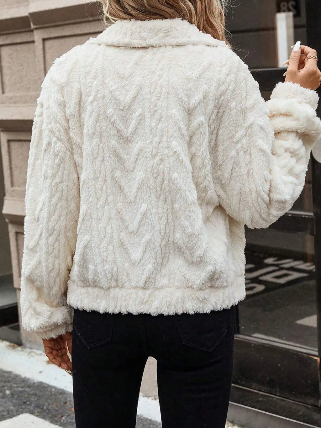 Women's Ivory White double-sided plush button cardigan coat with regular long sleeves