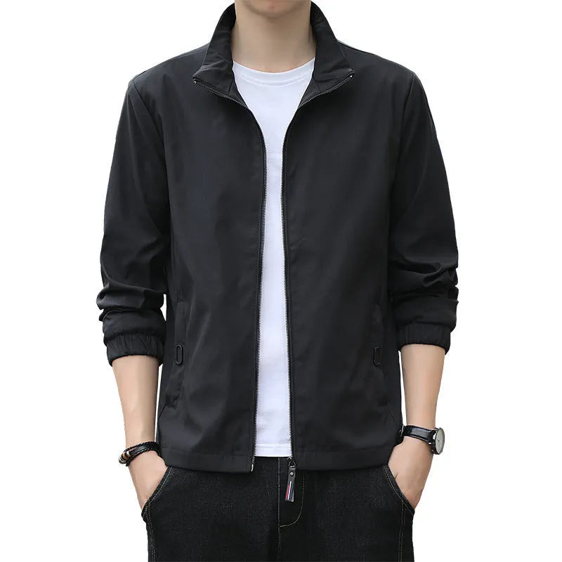 Korean style loose fit thin autumn jacket in blue with lapel collar and zip pockets.