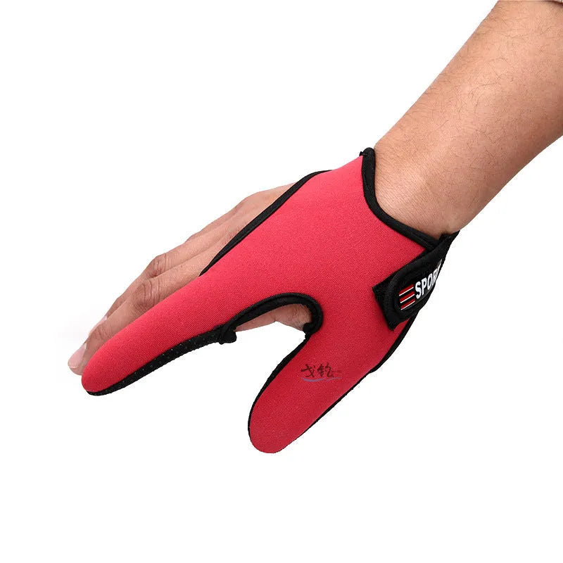 Two finger fishing glove in camouflage colour showing diving cloth back and microfiber palm material.