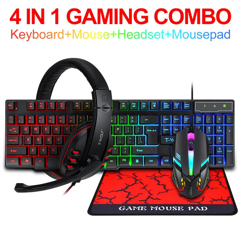 Thunder Wolf gaming keyboard and mouse set with headset and mouse pad bundle