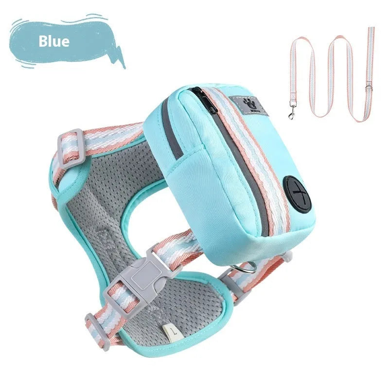 Green explosion-proof anti-strangulation pet safety harness vest with lead on a white background.