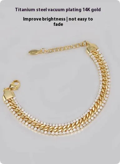 Gold tennis bracelet with artificial gemstones on titanium steel base for men and women