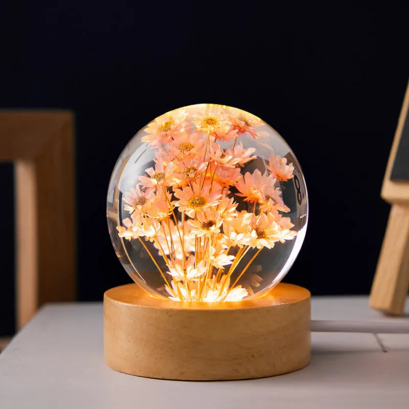3D dandelion crystal ball night light on beech wood stand, USB powered desktop ornament
