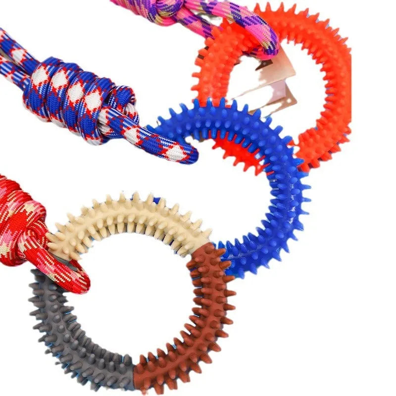 Blue braided rope dog chew toy with central knot measuring 43cm long