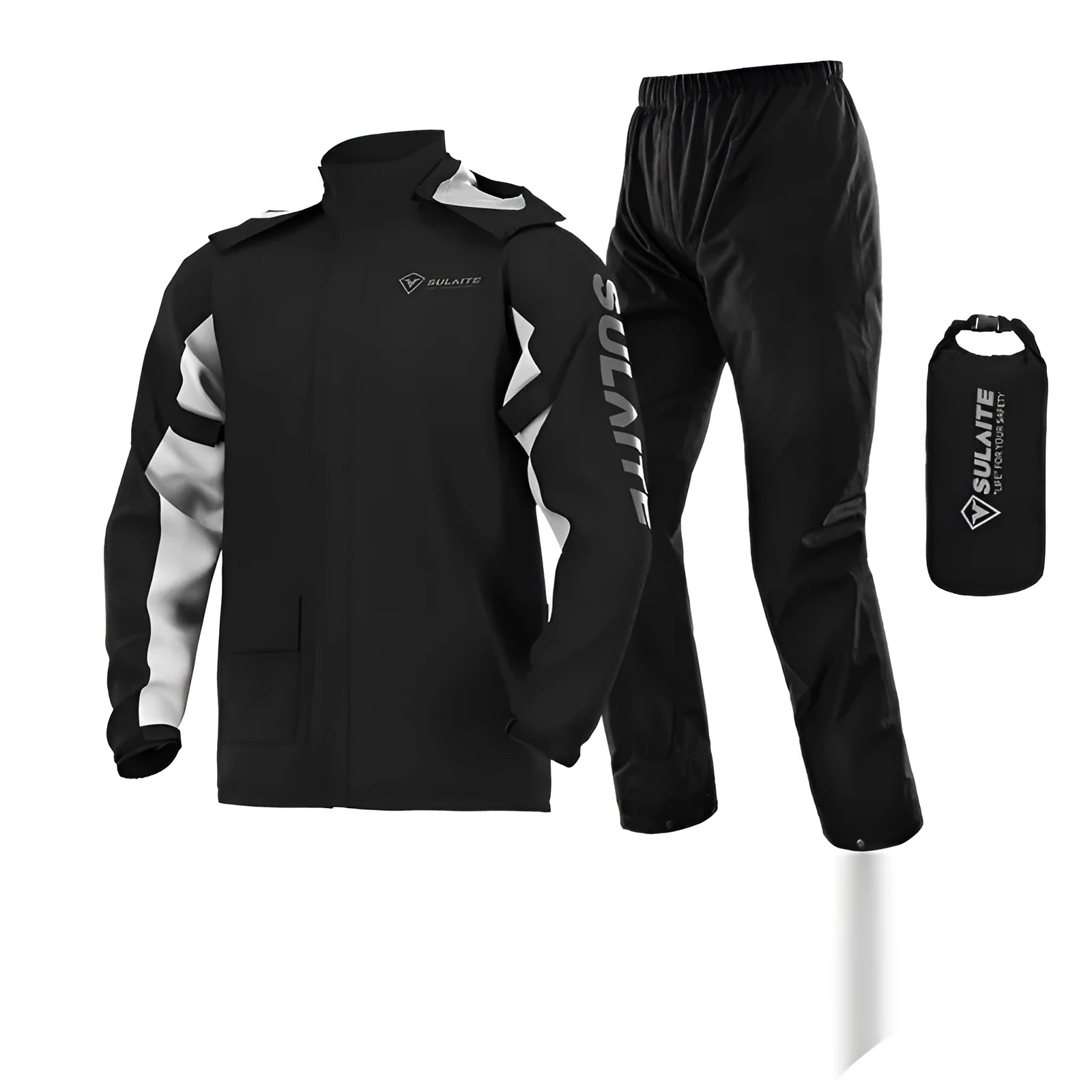 Motorcycle rider wearing a black split-style raincoat and rain pants suit for waterproof protection.