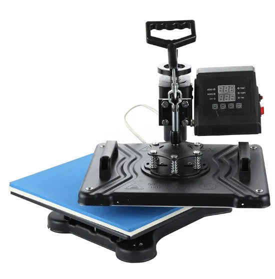 Black 1250W heat transfer machine with large platen for t-shirt and fabric printing.