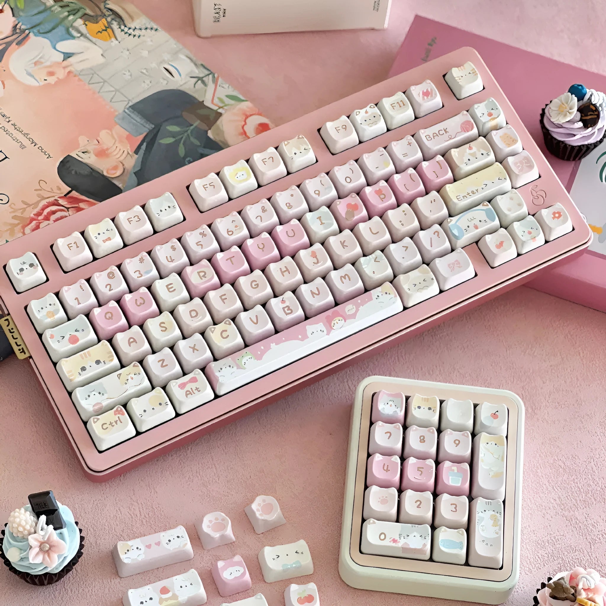 Complete 141-piece set of anime cat themed mechanical keyboard keycaps with five-sided sublimation printing.