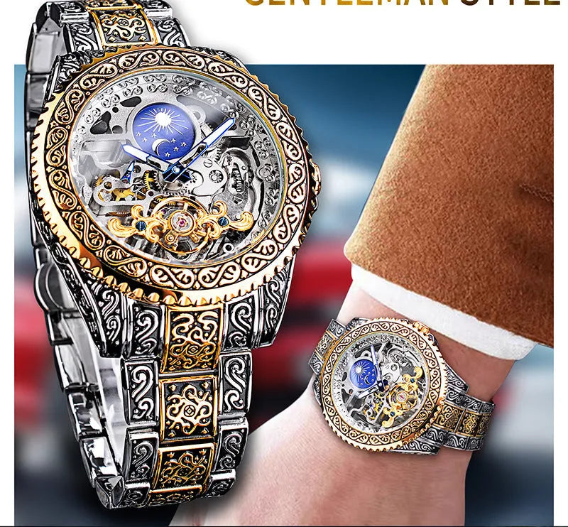 Yellow Forsining skeleton tourbillon mechanical watch with stainless steel band on wrist