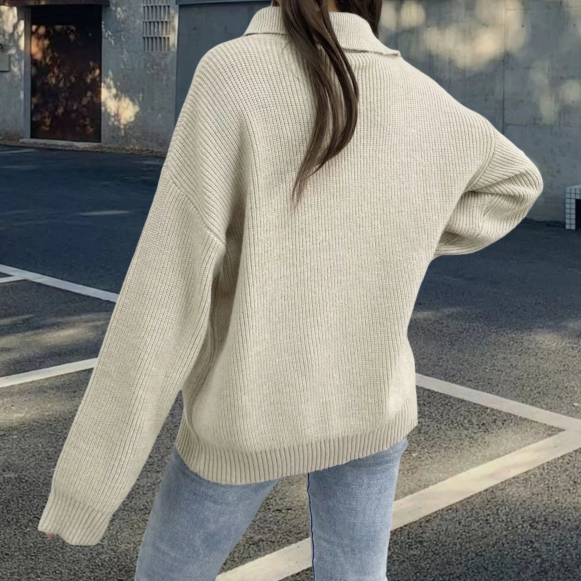Light khaki women's alpaca fleece pullover sweater with an oblique zipper and retro turtleneck.