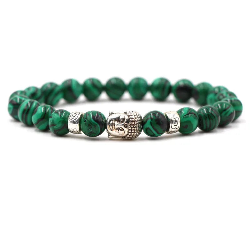 Natural stone stretch bracelet with tigereye, volcanic rock and turquoise beads on wrist