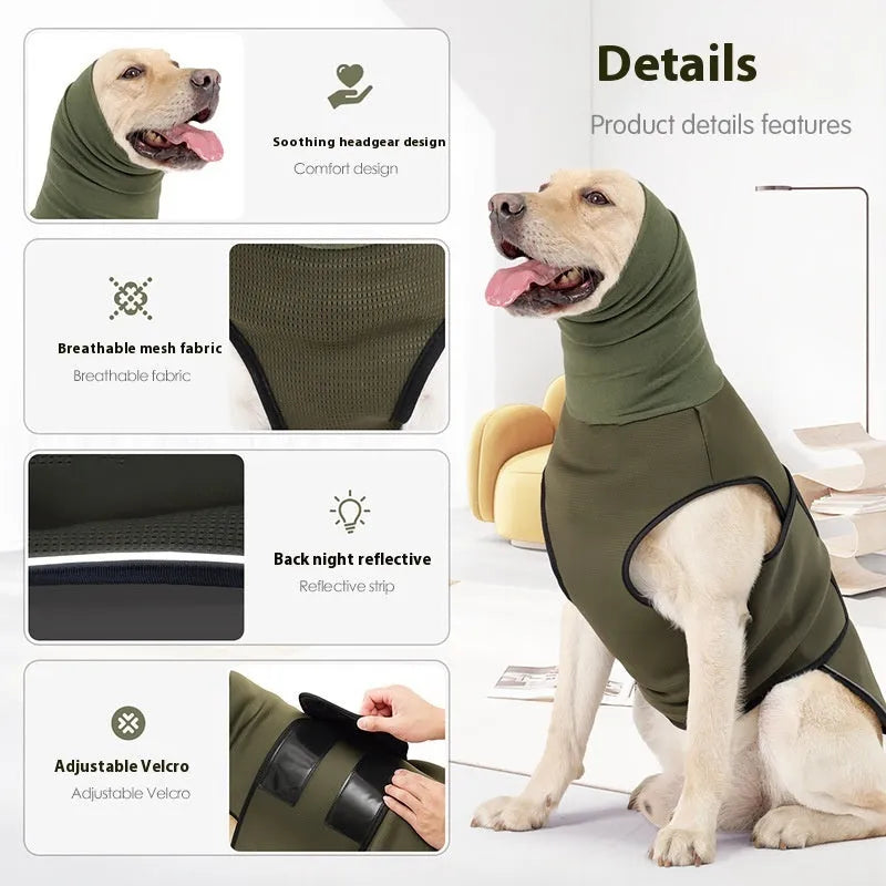 Army green dog anti-anxiety jacket made of polyester fabric on a medium-sized dog.