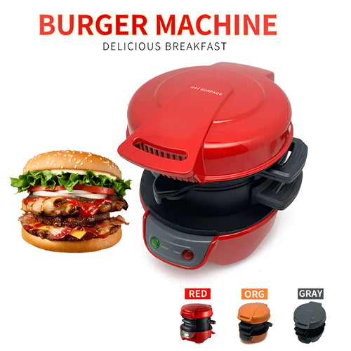 Breakfast sandwich maker with egg cooker ring in red orange or grey with two baking trays