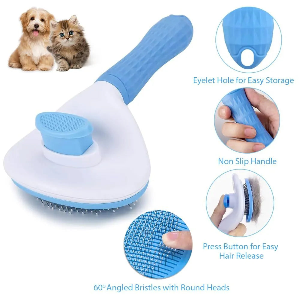Blue cat grooming brush with a release button and fine wire bristles for removing loose pet hair.