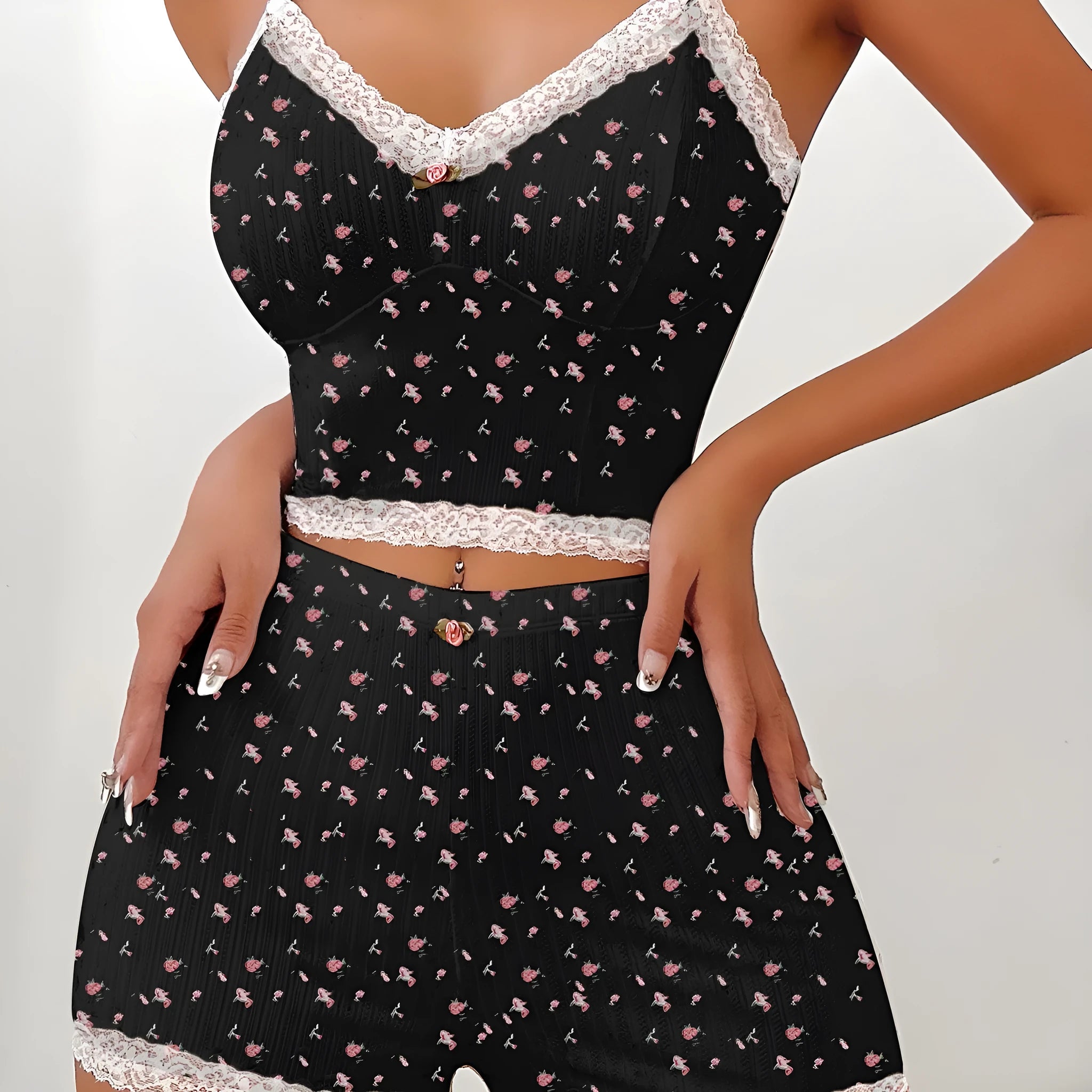 Design Sense ladies home leisure suit with sleeveless top and shorts in white background floral pattern