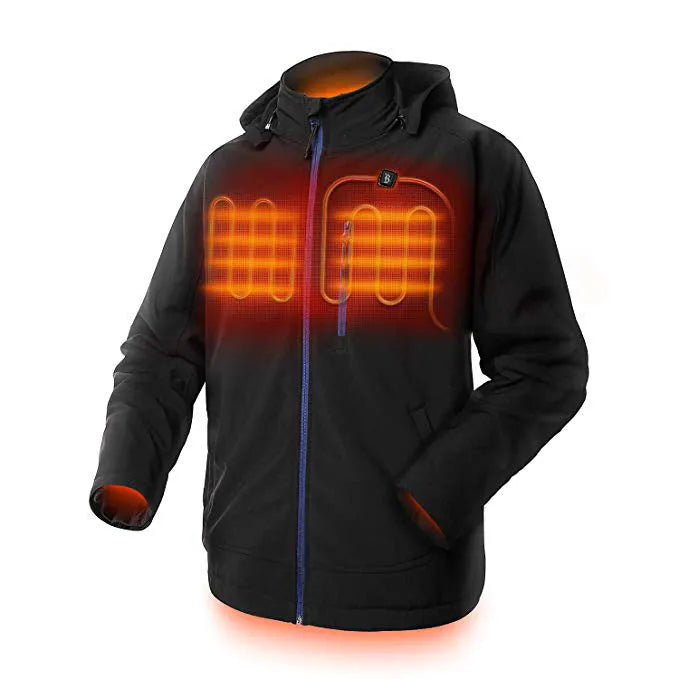 Black men's USB-heated waterproof winter coat with long sleeves and zipper pockets on a hanger.