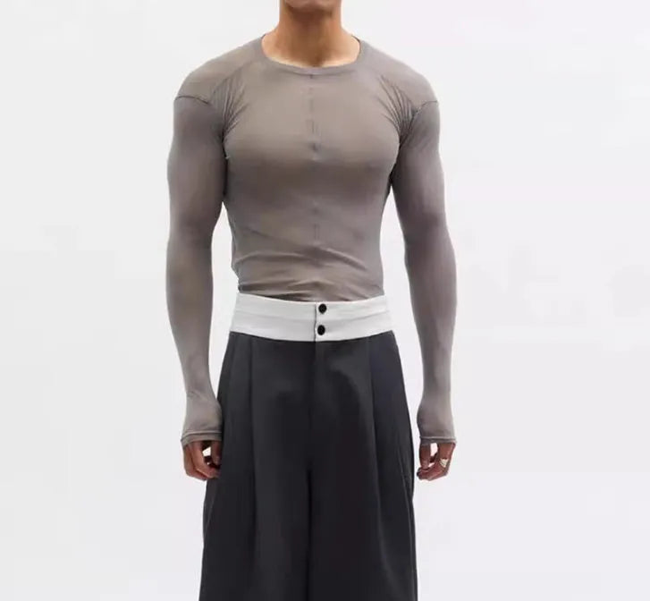 Black mesh see-through slim-fit long sleeve women's pullover top on a hanger.