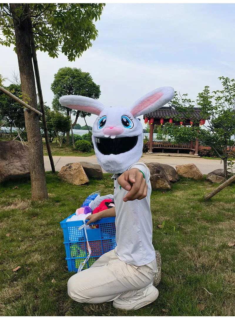 Decorative rabbit head helmet cover in long eared white design for electric motorcycle commuting