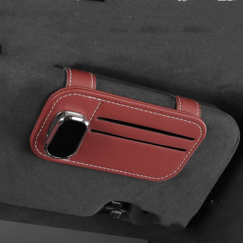 Cowhide leather car sun louver card holder with glasses clip in various colour options