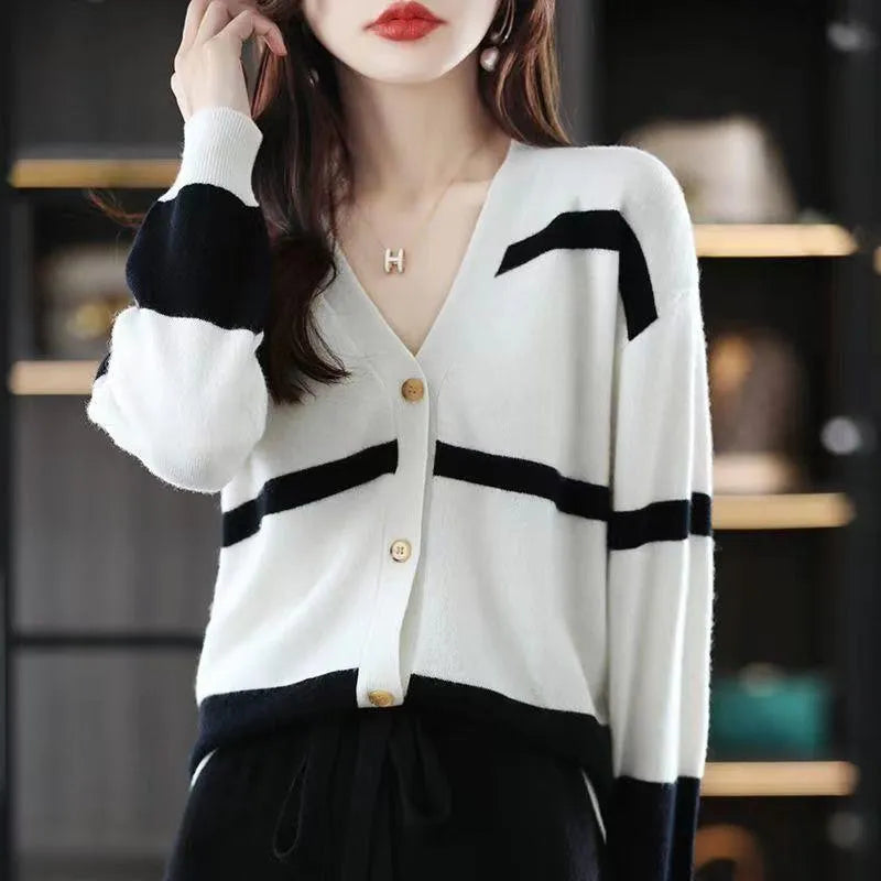 Women's striped V-neck button-up cardigan with a 3D knit pattern in a slim fit