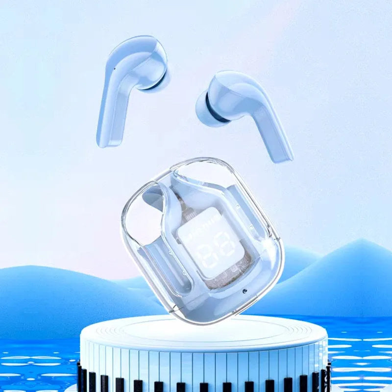Transparent space capsule case true wireless Bluetooth earphones with digital display screen in multiple colours