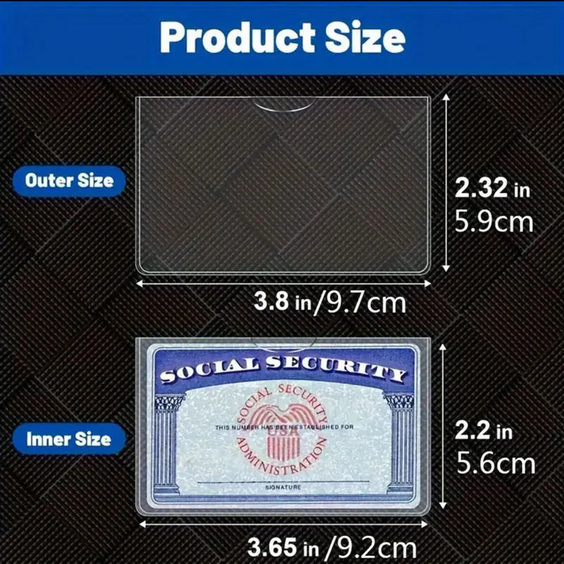 Transparent PVC social security card holder showing card inside, dimensions 9.7 by 5.9 centimetres