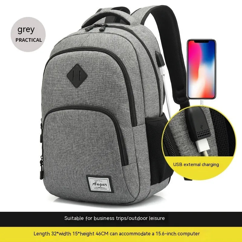 Grey nylon backpack with USB charging port showing dimensions 32x15x46cm