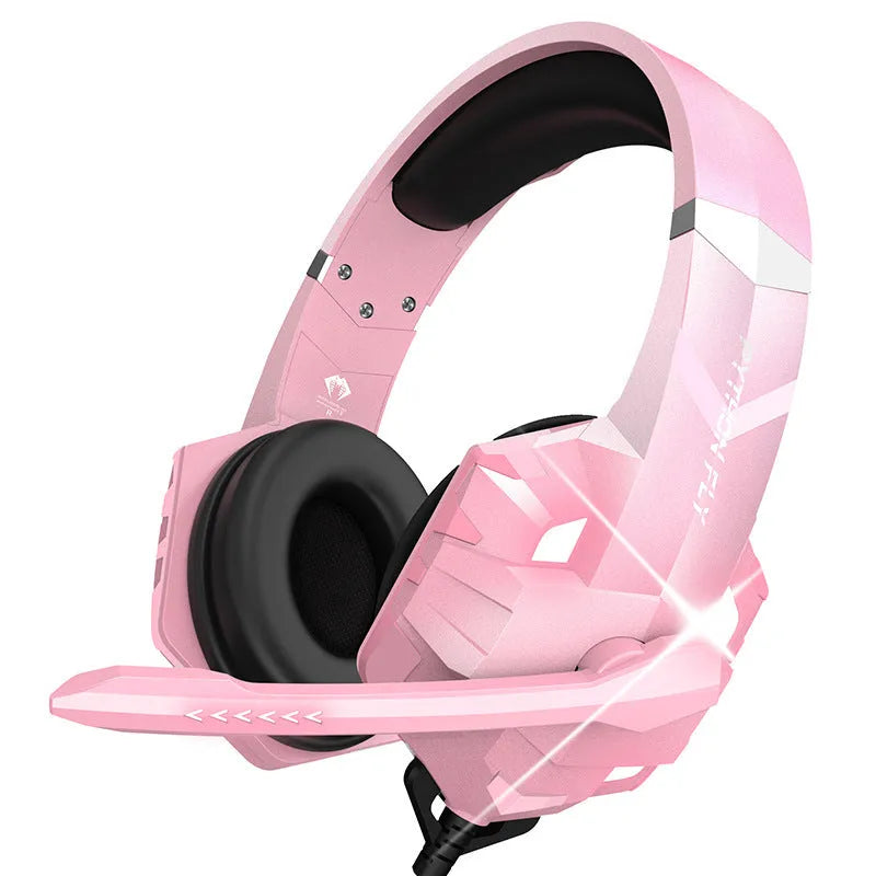 Blue wired computer gaming headset with microphone and LED lighting effects on black background