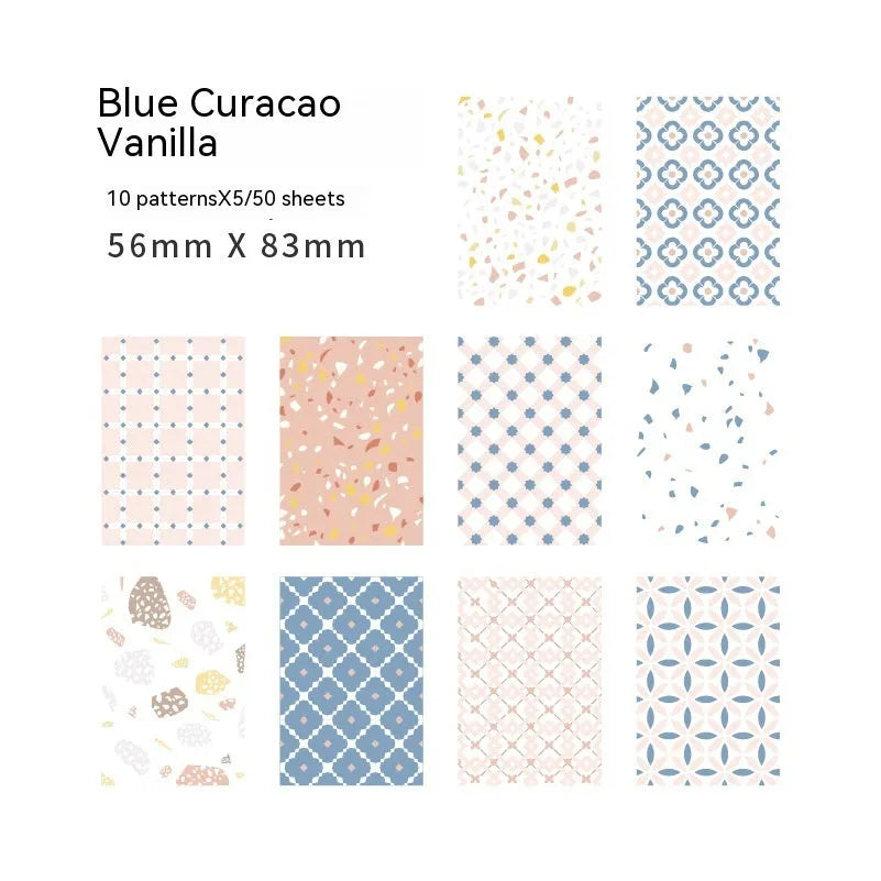 Retro collage note paper in ten pastel colours, each sheet 56mm by 83mm.