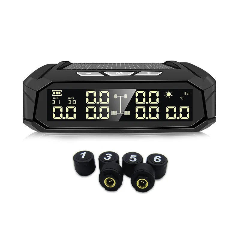 Solar external tyre pressure monitor with colour digital display and six sensors for RV and truck safety