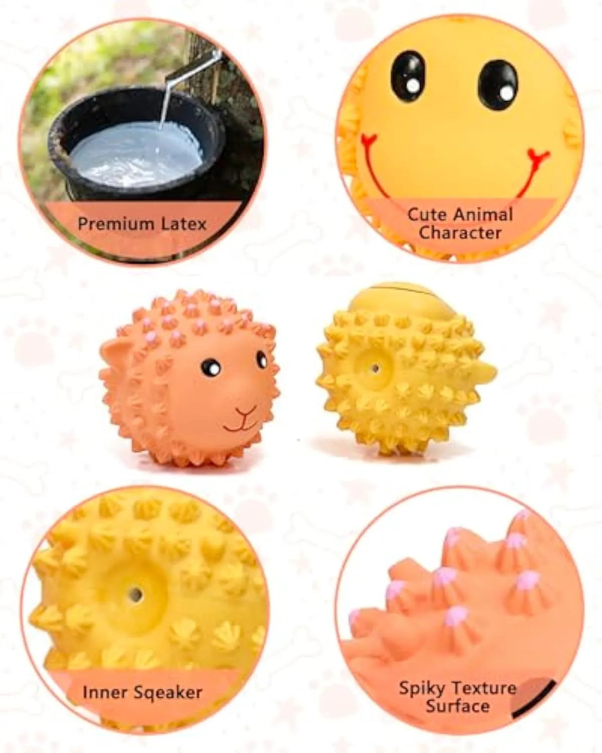 Orange and yellow latex dog toys with spiky surfaces and animal designs