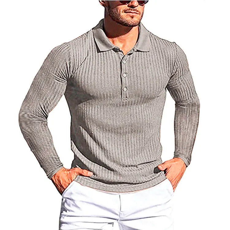 Man wearing a striped loose-fit short sleeve polo shirt in army green colour