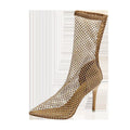Gold mesh women's high heel sandals with pointed toe and stiletto heel, slip-on shoe covers design