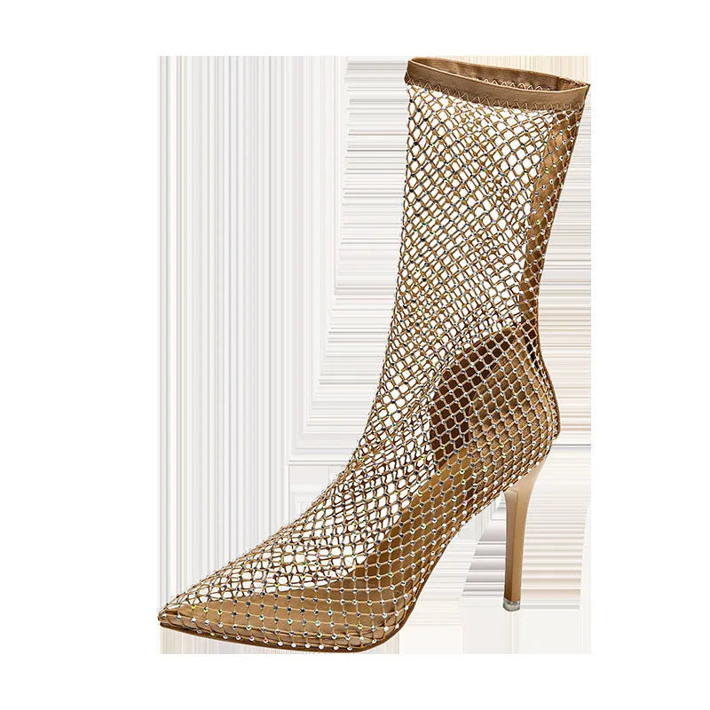 Gold mesh women's high heel sandals with pointed toe and stiletto heel, slip-on shoe covers design