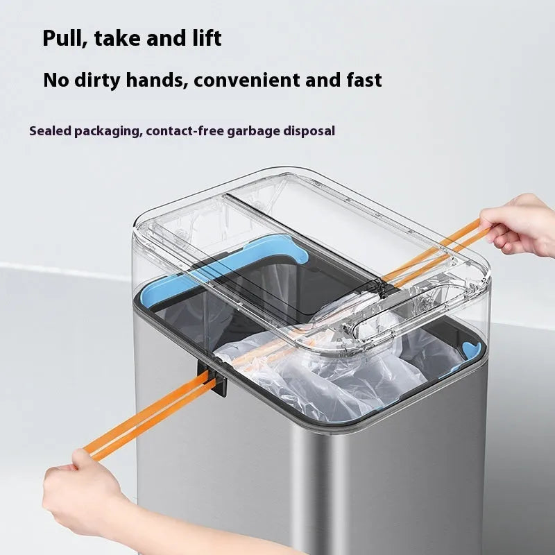 Square inductive sensor bin with automatic lid and deodorant system in stainless steel finish