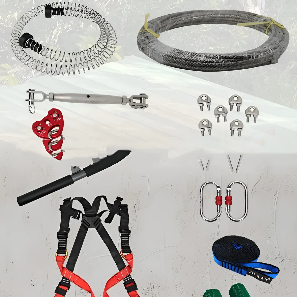 Children's outdoor pulley slide rope set with 10m cable, alloy steel pulley, and safety hardware