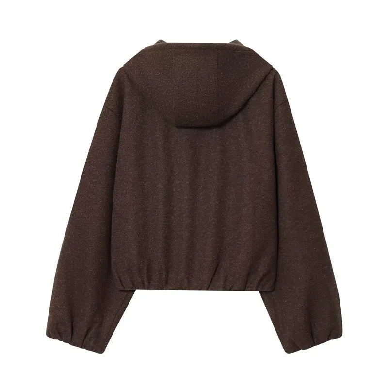 PU hooded jacket casual coat for women long sleeve zipper closure collage stitching