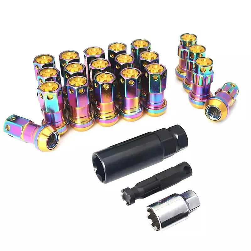 Set of forged aluminium alloy wheel hub nuts in various colours showing M12 thread.